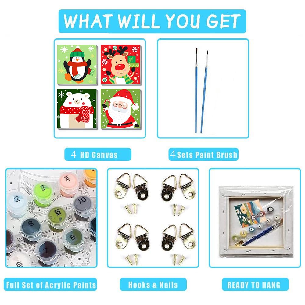 4 Pack Christmas Paint by Numbers Kits for Kids and Adults (with Frame), Cute Cartoon Christmas Paint by Number Kits on Canvas, Simple Acrylic Oil Painting for Beginners, Home Wall Decor 7.8x7.8Inch. Amzdiyfun