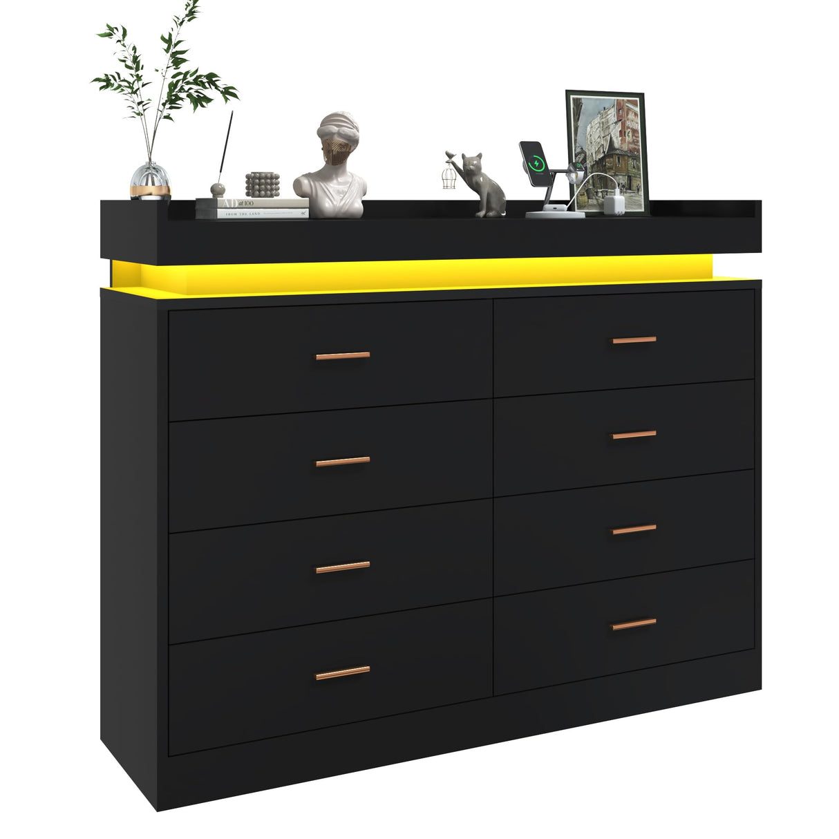 jiteentarou 8 Drawer Dresser with Charging Station and LED Lights, Modern Chest of Drawers with Power Outlet, Organizer Cabinet for Bedroom, Living Room, Black jiteentarou