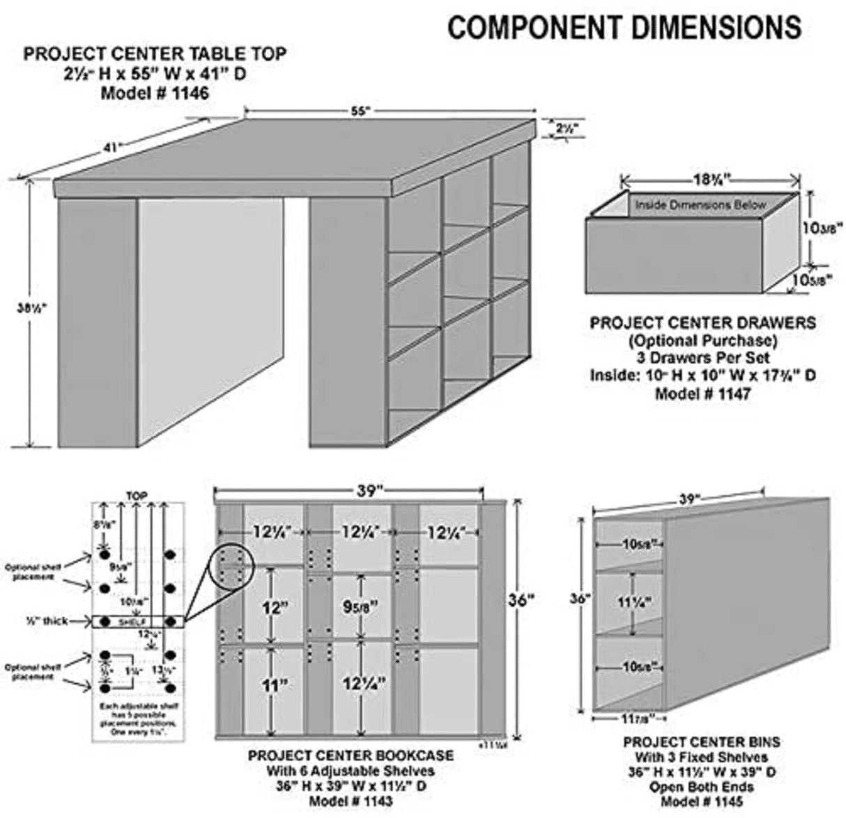 Project Center Desk with Bookcase and 3 Bin Cabinet-Black Venture Horizon