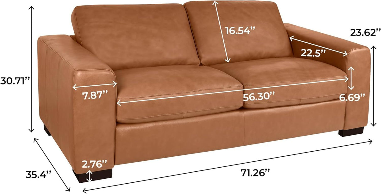 Naomi Home Freya Genuine Leather Sofa for Living Room, Bedroom - Loveseat, Sofa - Luxurious Comfort, Goose Feather Cushion Filling, Square Arm Design, Sturdy Block Legs, Elegant, Tan Naomi Home