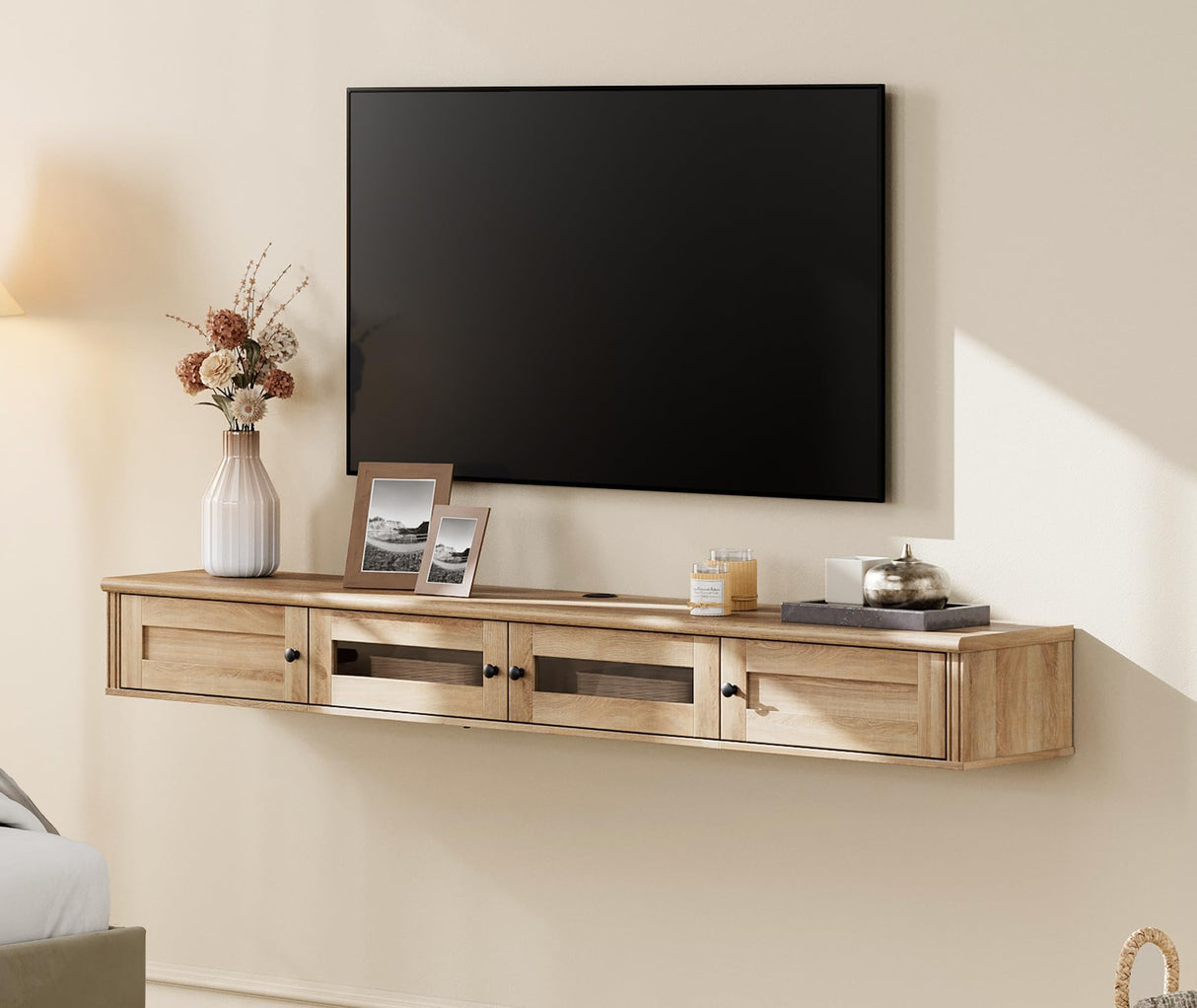 WAMPAT Floating TV Stand for TVs up to 80 Inch, Wooden Floating TV Shelf with Storage Cabinet, Modern Floating TV Shelf Entertainment Center for Living Room, Oak WAMPAT