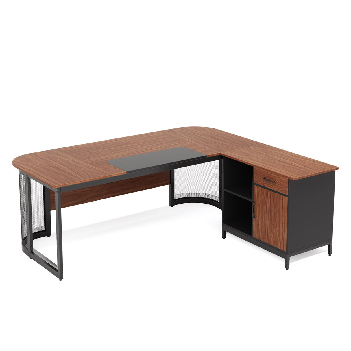 Tribesigns 63" Executive Desk, L-Shaped Desk with Drawer Cabinet, Large Corner Executive Office Desk with Storage Shelves, Business Furniture Set Workstation for Home Office (Brown & Black) Tribesigns