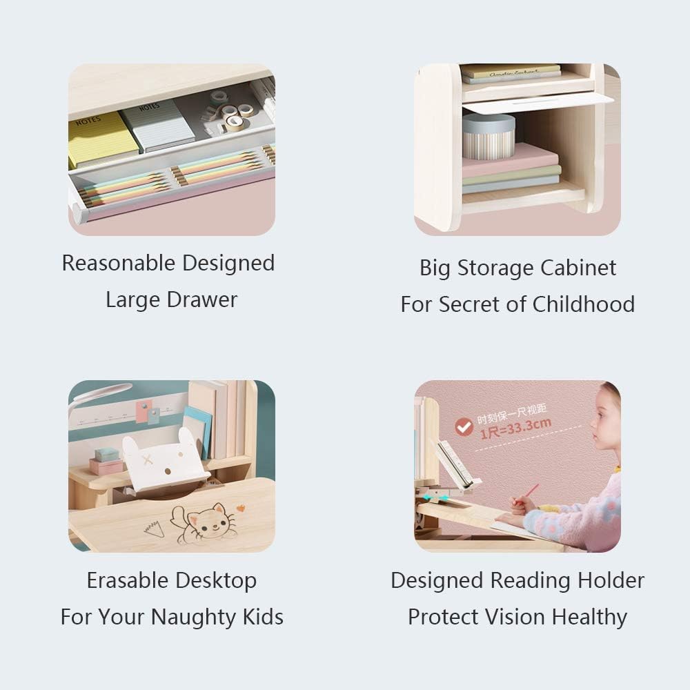 FCD Kids Desk and Chair, Wood Ergonomic Adjustable Multi Function Study Desk and Chair Set, Drafting Table and Computer Station with Tilt Desktop, Tablet Holder, Storage Cabinet and Drawers FCD
