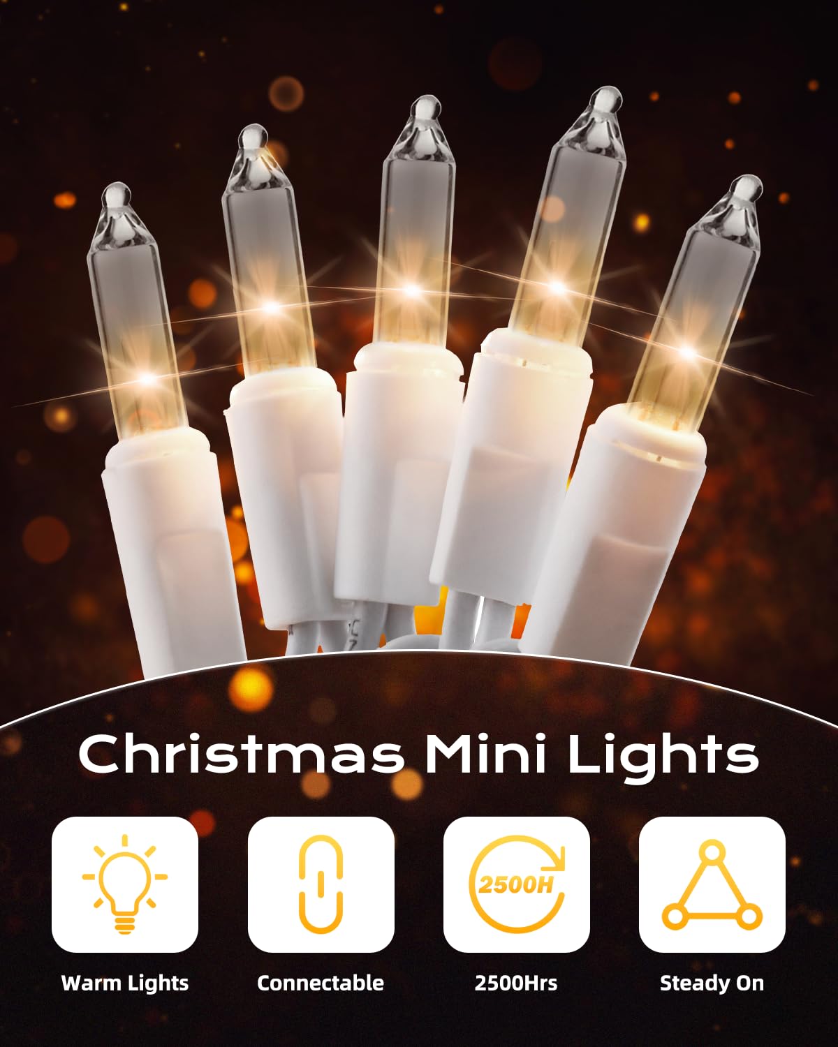 Brightown Christmas String Lights, 100-Count 26.5ft Clear Incandescent Bulb Mini Lights for Indoor Holiday Decor, Christmas Tree Garland Wedding Party Multi-Use Decoration, White Wire Brightown
