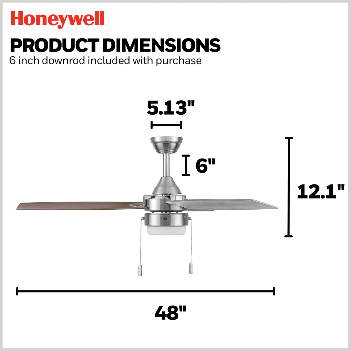 Honeywell Ceiling Fans Berryhill, 48 Inch Ceiling Fan with Color Changing LED Light, Pull Chain, Dual Mounting Options, 3 Dual Finish Blades, Reversible Airflow - 51857-01 (Brushed Nickel) Honeywell Ceiling Fans