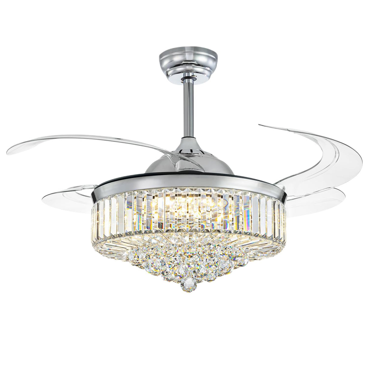 Moooni Modern 48 Inch Dimmable Crystal Fandelier, Retractable Blades Ceiling Fans with Light and Remote, Invisible LED Ceiling Fan Light Kit for Bedroom-Polished Chrome Moooni