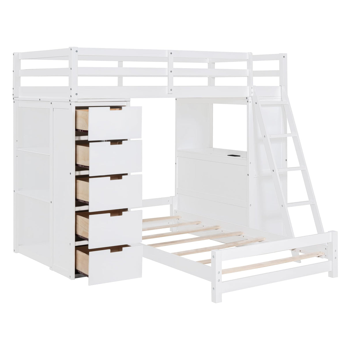 Versatile Twin Over Twin Bunk Bed with LED Light, USB Ports and Storage Solutions in White VilroCaz