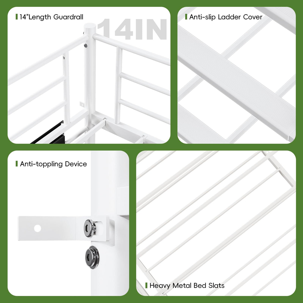 LIPIGE Bunk Bed Twin Over Twin,Heavy-Duty Metal Bunk Bed with Power Outlet and LED Lights,Safety Rails Ladder,Space-Saving Design with Storage Hooks,440lbs Capacity for Adults,White LIPIGE