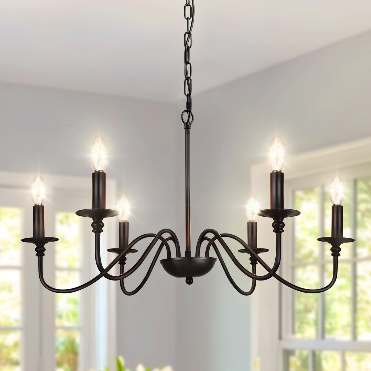 Depuley Farmhouse Chandelier for Dining Room: 6-Light Black Industrial Kitchen Island Pendant Light Fixture with 6 E12 Bulbs - Rustic Candle Chandeliers Vintage Modern Hanging Ceiling Lamp for Bedroom Depuley