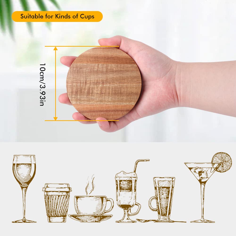 Wood Coasters for Drinks with Bottle Opener Holder Set of 6, Acacia Wooden Coasters for Coffee Table Dining Table Desk with Non-Slip Pad Cup Coasters for Home Office Christmas Decor 4 Inch WLWNWFT