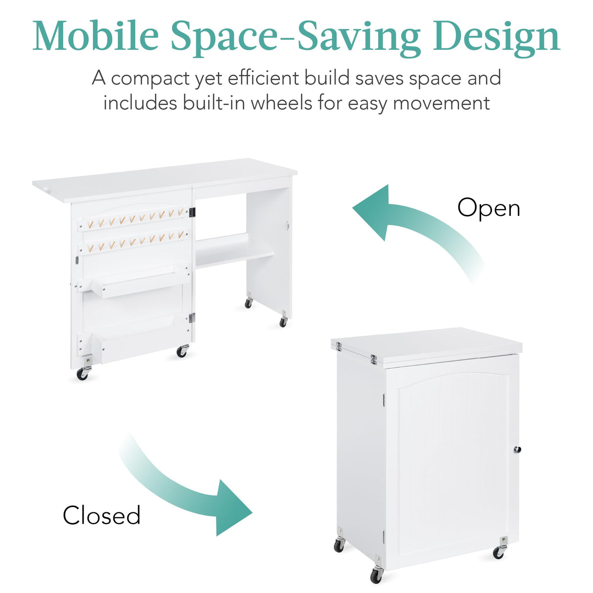 Best Choice Products Folding Sewing Table Multipurpose Craft Station & Side Desk with Compact Design, Wheels, Shelves, Storage Trays, Pegs, Magnetic Doors, Metal Doorknobs - White Best Choice Products