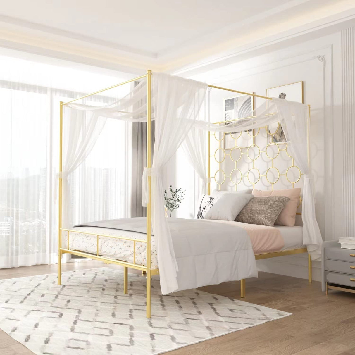 PAUKIN Gold Metal Canopy Bed Frame Queen/Mattress Foundation with Steel Slat Support/No Box Spring Needed/Easy Assembly, Queen PAUKIN