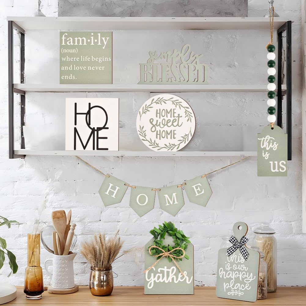EMVANV 11 PCs Tiered Tray Decoration Set,Wood Sign Rustic Home Sweet Home Simply Blessed Home Tiered Tray Decorations for Dining Room Country Summer Shelf Centerpiece Present(Green+White) EMVANV