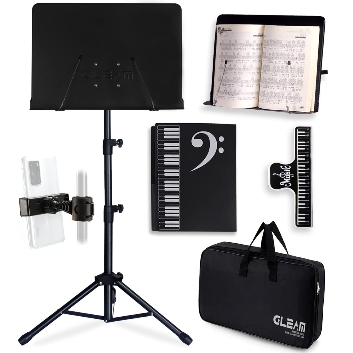 GLEAM Sheet Music Stand - Full Metal with Carrying Bag, Phone Holder, Sheet Music Folder and Clip, 5 in 1 Desktop Book Stand GLEAM