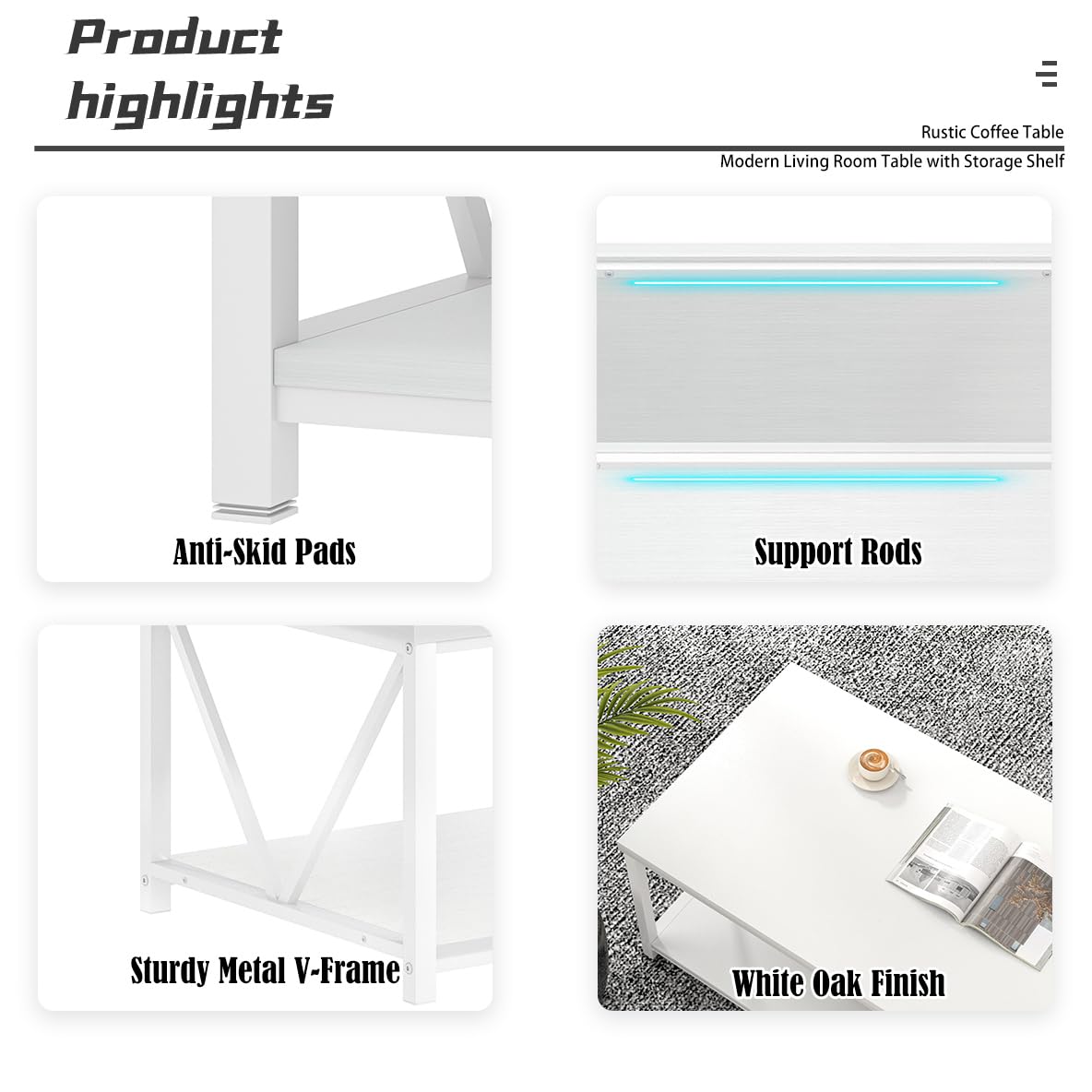 EXCEFUR White Coffee Table with Storage Shelf, Modern Rustic Wood and Metal Center Table for Living Room, 47 Inch EXCEFUR