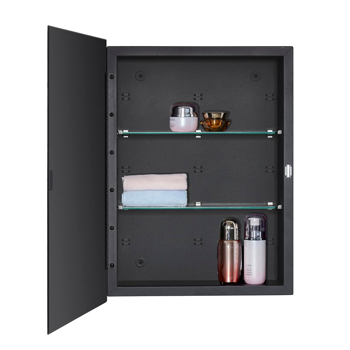 IDYLLOR Black Bathroom Medicine Cabinet with Beveled Edge Mirrored Door 16 x 22 inch, Recessed or Surface Mount, with Adjustable Glass Shelves IDYLLOR