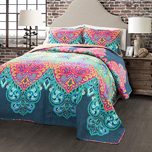 Lush Decor Boho Chic Reversible Cotton Quilt 3-Piece Set, Full/ Queen, Turquoise & Navy - Bright Paisley Print, Vibrant & Colorful Bohemian Bedding Set Lush Decor