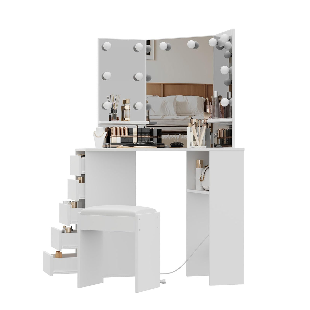 Corner Vanity Desk with Mirror and Led Lights - Makeup Table with 5 Drawers, Shelves, and Vanity Stool - Perfect for Bedroom or Bathroom, White MilleLoom