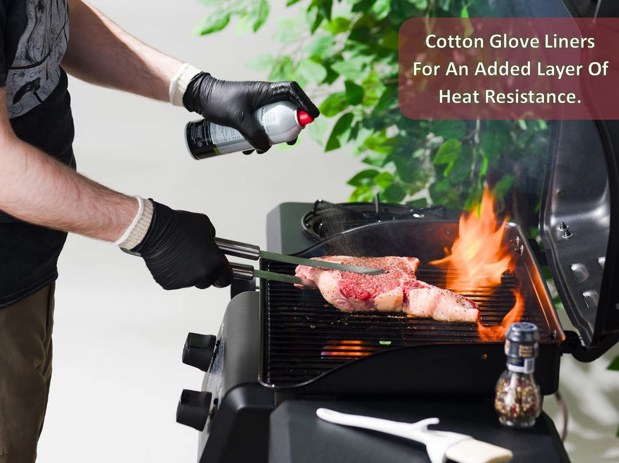 Nechtik BBQ Gloves disposable - 4 Cotton Glove Liners and 100 Disposable Gloves - Meat Gloves - Machine Washable - Powder Free Latex Free, Black Nitrile Gloves Nechtik