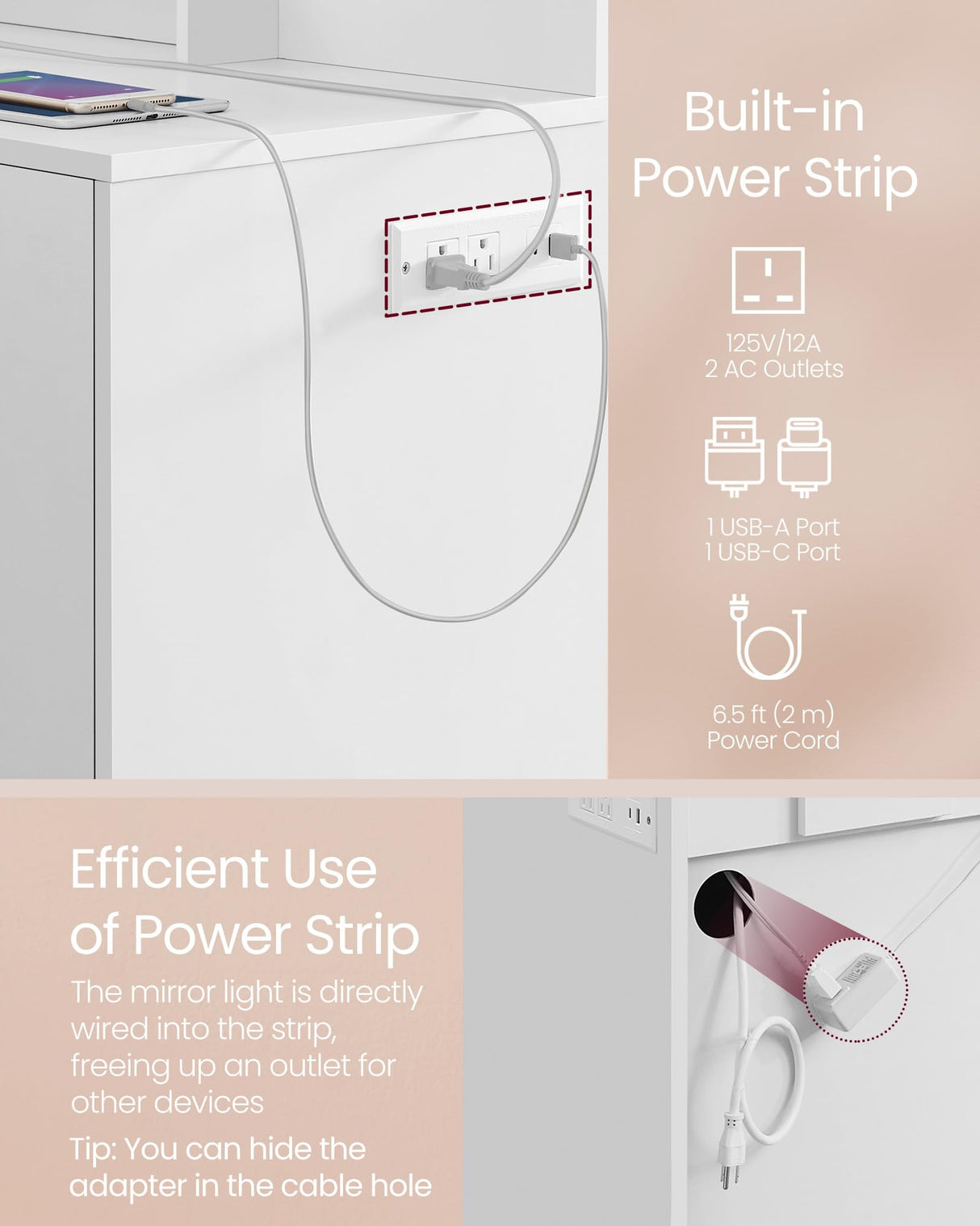 VASAGLE Vanity Desk with Mirror and Lights, 43.3-Inch Wide Makeup Vanity with Upholstered Vanity Stool, Power Outlets, Dimmable LED Lights, Storage Drawer, for Bedroom, Cloud White URDT628W01 VASAGLE