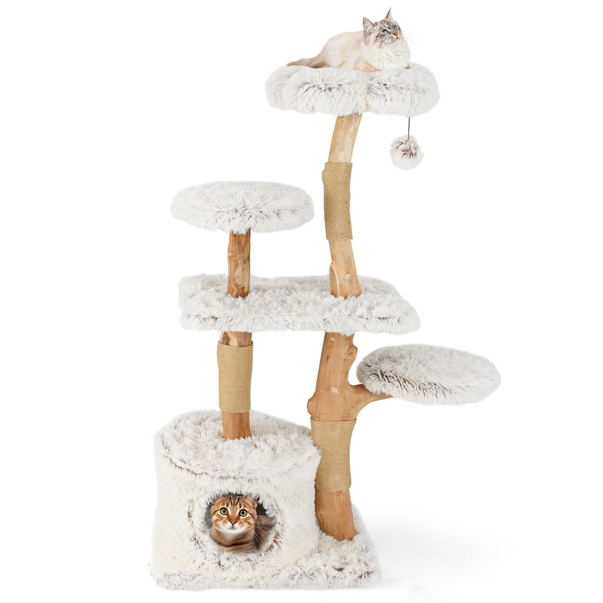 Tangkula Modern Cat Tree, 53 Inch Tall Natural Branch Wooden Cat Tower with Jute Scratching Posts, Plush Perch, Condo, Aesthetic Luxury Solid Wood Flower Cat Tree for Indoor Cats Large Adult (White) Tangkula
