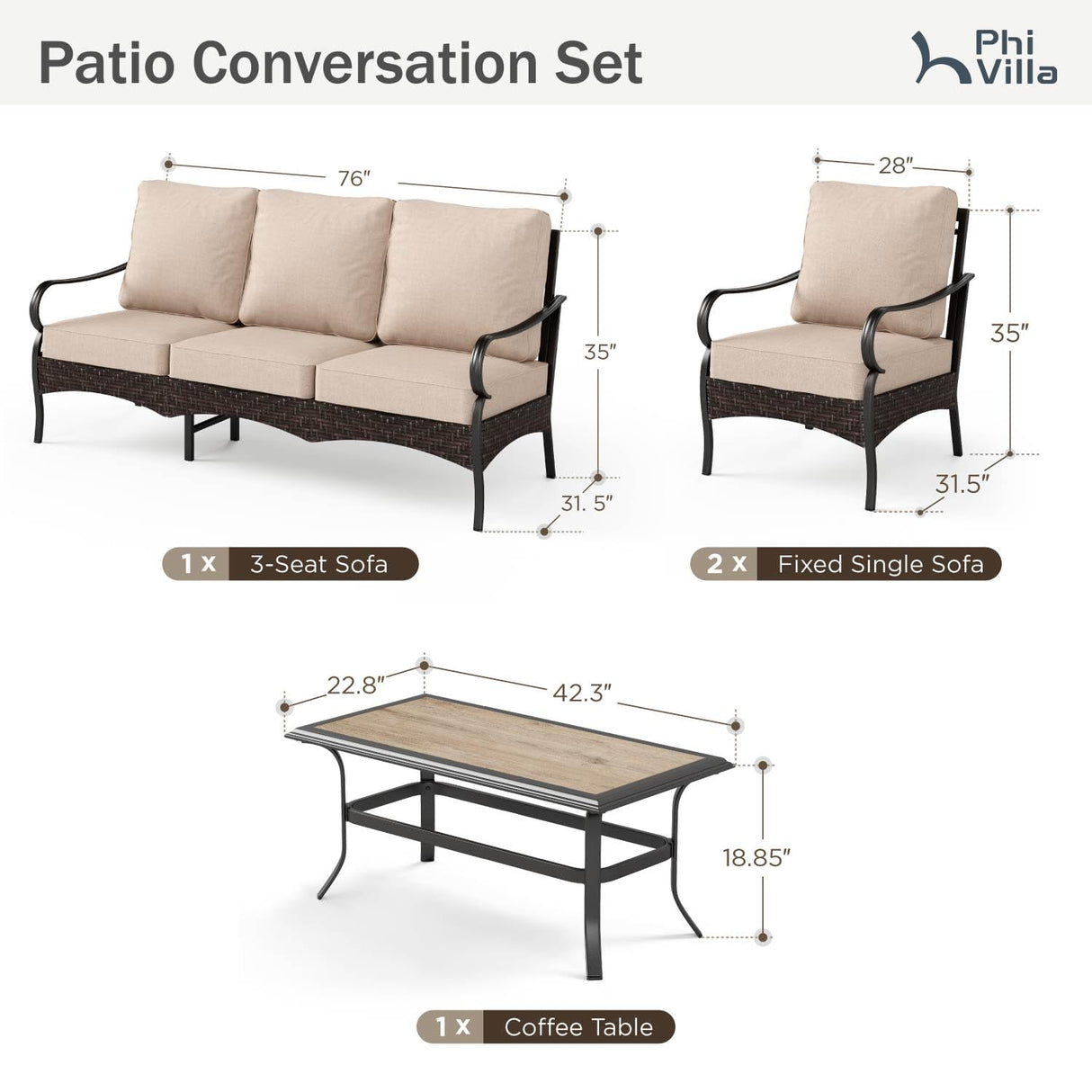 PHI VILLA Outdoor Modern Patio Furniture Set, Upgraded Wicker&Metal Patio Furniture Conversation Set with Waterproof Thick Cushions for Porch, Poolside, Deck, and Yard (4 Pieces,Beige) PHI VILLA