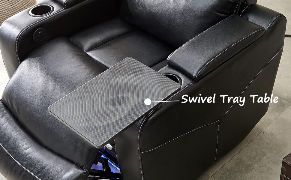 Electric Power Recliner Chair with LED Lights, Home Theater Seating with Swivel Tray Table, Faux Leather Recline Single Sofa Chair for Living Room with Hidden Arm Storage, Cup Holders, Black, 1 Piece Comfort Stretch