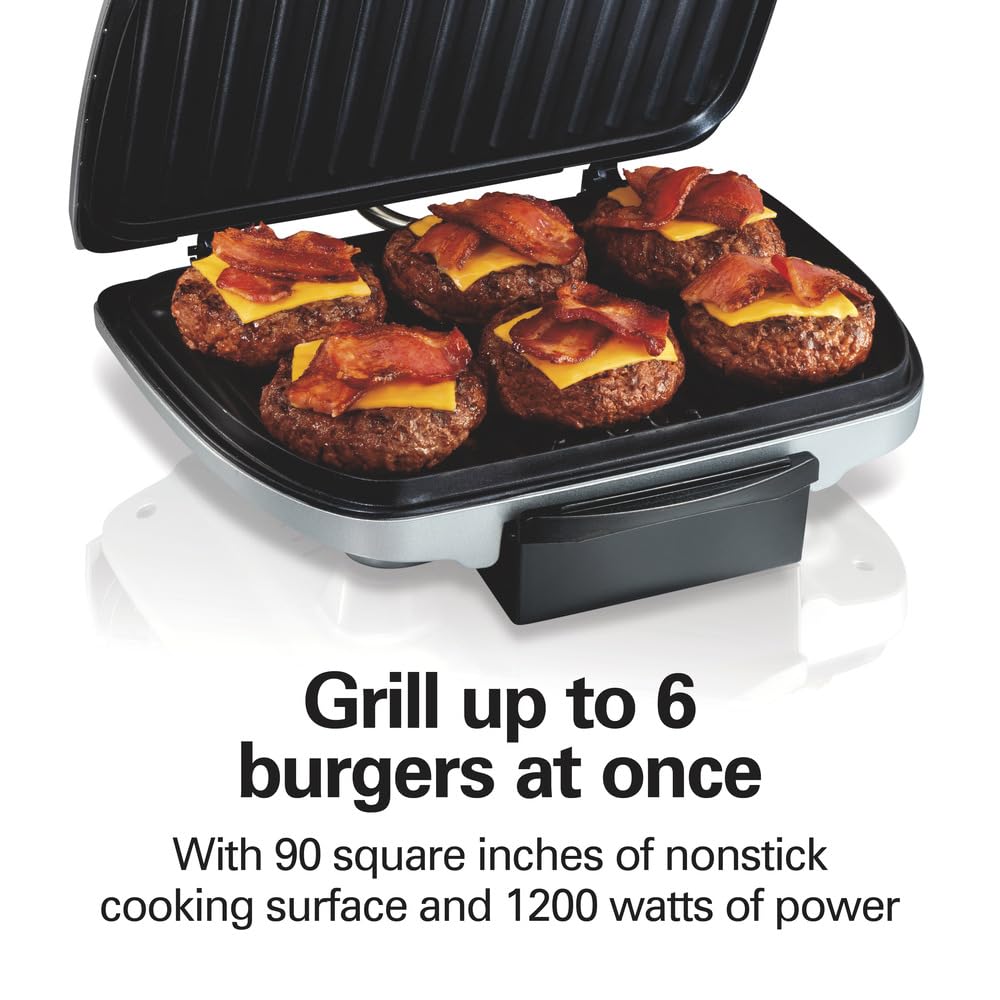 Hamilton Beach Electric Indoor Grill, 6-Serving, Large 90 sq. in. Nonstick Easy Clean Plates, Floating Hinge for Thicker Foods, 1200 Watts, 6.38"D x 12.68"W x 13.78"H , Silver (25371) Hamilton Beach