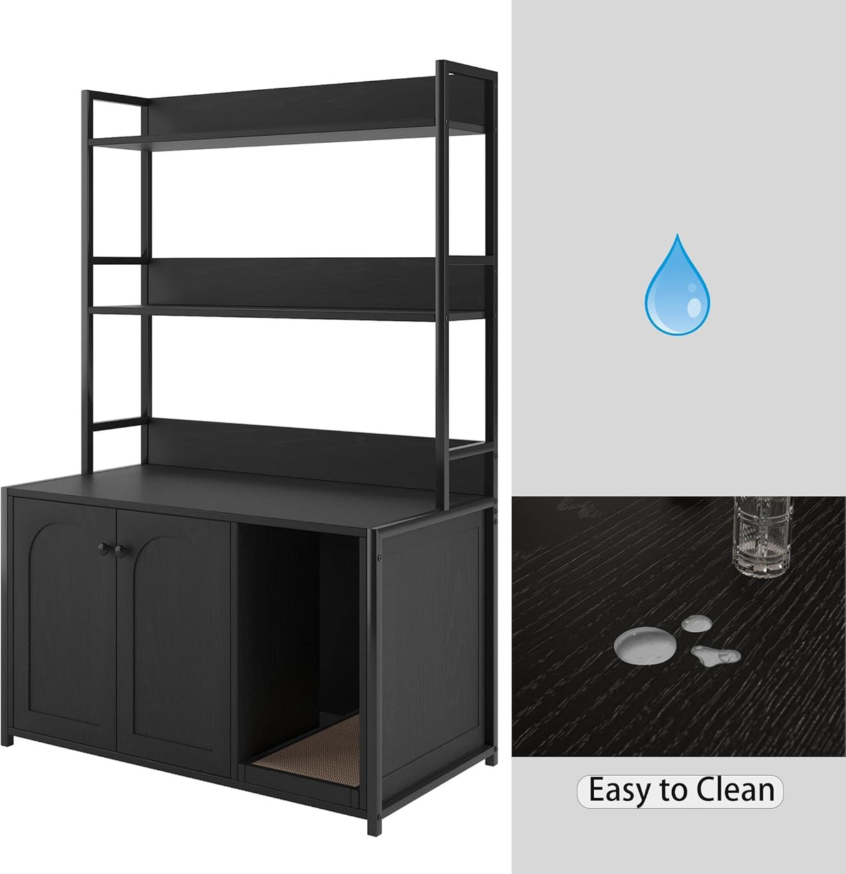 FinerFurnis Litter Box Enclosure with 2 Storage Shelves Black Hidden Cat Litter Box Furniture with Scratch Pad Indoor Cat House Kitty Box Washroom Cat Bookshelf Cabinet-Black FinerFurnis