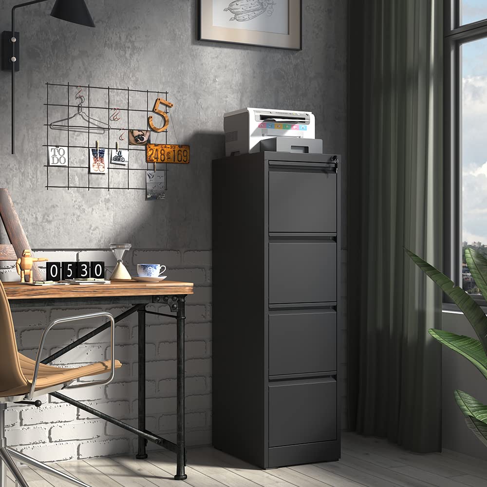 IKIMI 4 Drawer File Cabinet,Metal Filing Cabinets with Lock,Black Vertical File Cabinet for Home Office,Heavy Duty Metal Storage Cabinet for A4/Letter/Legal Size File,Assembly Required IKIMI