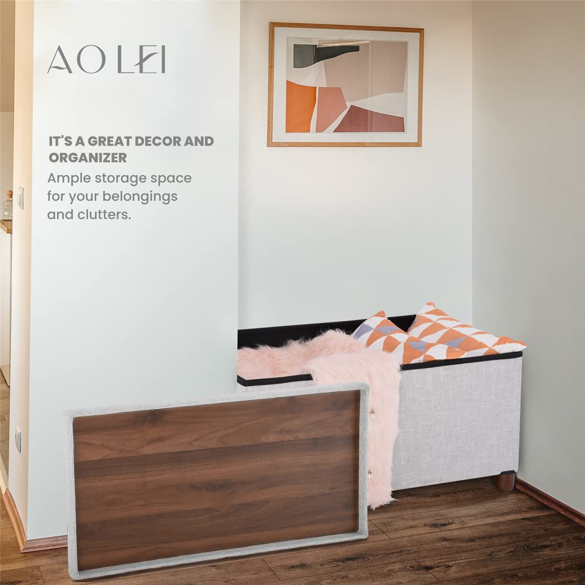 Ao Lei 30 Inches Storage Ottoman Bench with Wooden Legs for Living Room, Folding Foot Rest Removeable Lid for Bedroom End of Bed, Linen Fabric, White Ao Lei