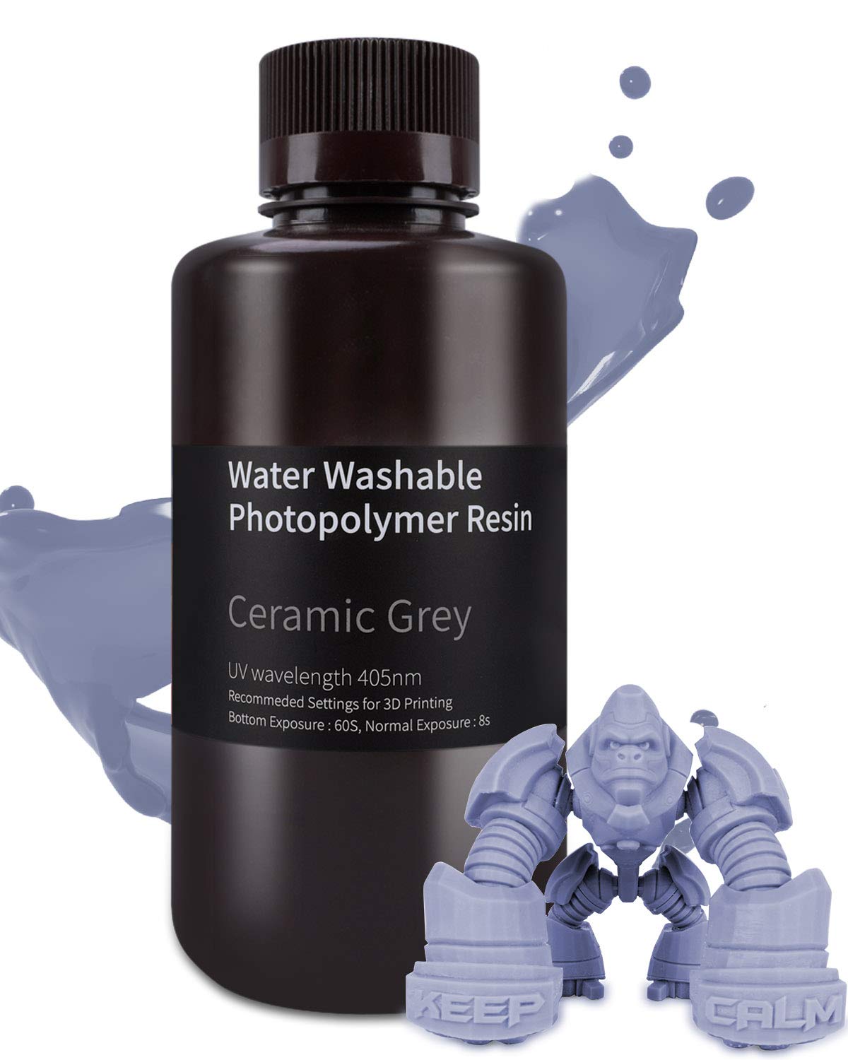 ELEGOO Water Washable 3D Printer Resin 500g Grey, Rapid Precise Printing Photopolymer Resin 405nm UV-Curing Resin for LCD/DLP/MSLA 3D Printer ELEGOO