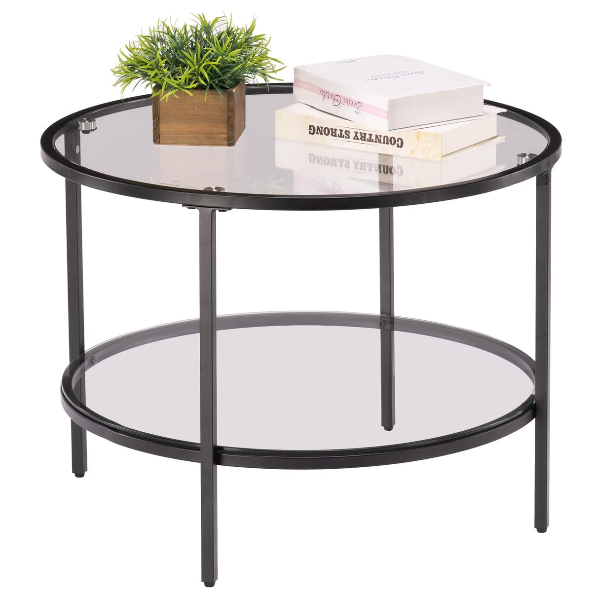 VINGLI 25.6" Round Black Coffee Tables for Living Room, 2-Tier Glass Top Coffee Table with Storage Clear Coffee, Simple & Modern Center Table for Small Space VINGLI