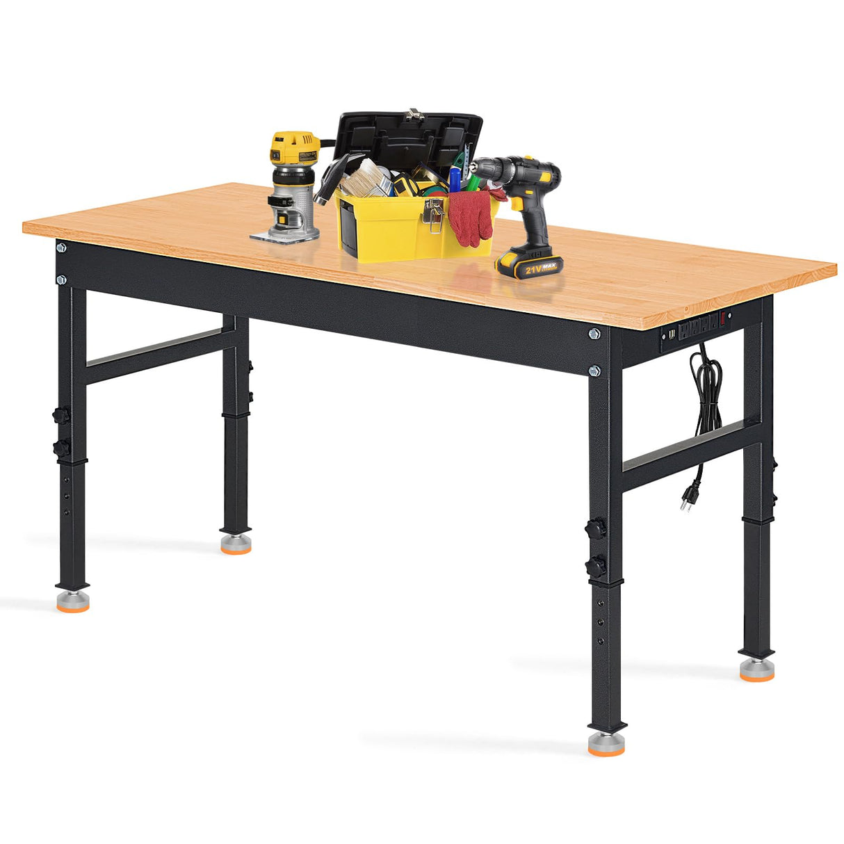 DAKITO 48" Heavy-Duty Workbench Adjustable Work Bench Work Table 2000 LB Load Capacity w/Hardwood Top, Power Outlets, Foot Pads and Metal Frame for Garage, Workshop, Office, Home, Workstation DAKITO
