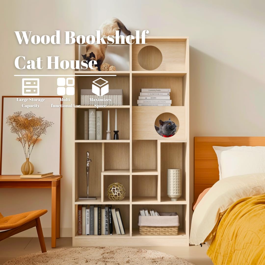 Muelartique Modern 2-in-1 Cat Tree Bookshelf with Litter Box Enclosure, 63.5" Tall Multi-Level Cat Climbing Shelves with Storage, Cat Furniture for Indoor Cats, Natural Muelartique