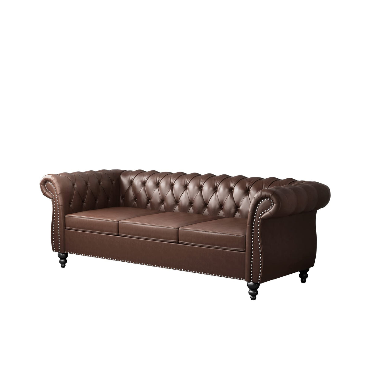 ONCIN Chesterfield Sofa Leather for Living Room, 3 Seater Sofa Tufted Couch Faux Leather with Rolled Arms and Nailhead for Living Room, Bedroom, Office, Apartment (Dark Brown) ONCIN