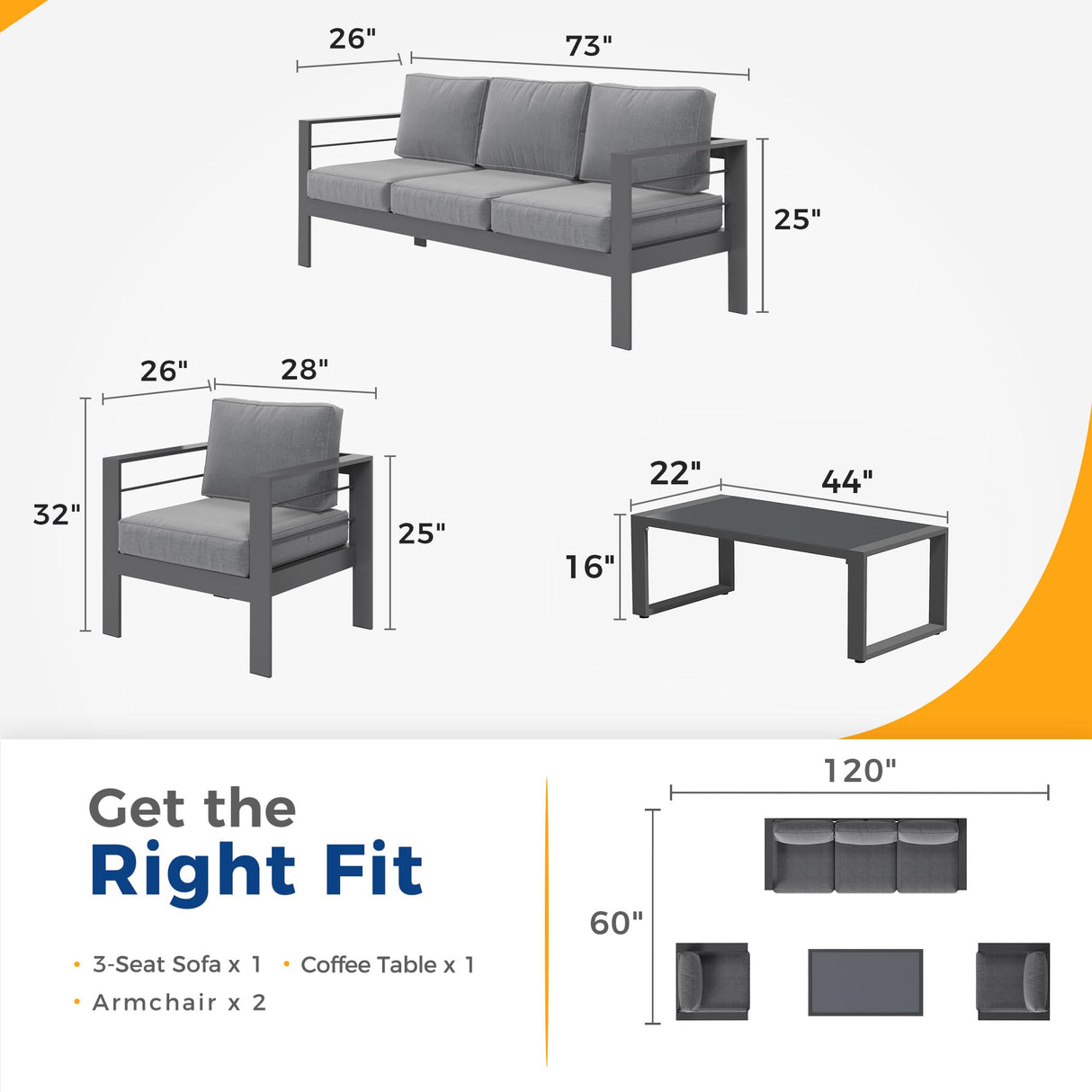 Solaste Aluminum Patio Furniture Set, 4 Pcs Modern Outdoor Conversation Set Couch Sofa with Upgrade Cushion and Glass top Coffee Table,Grey Solaste