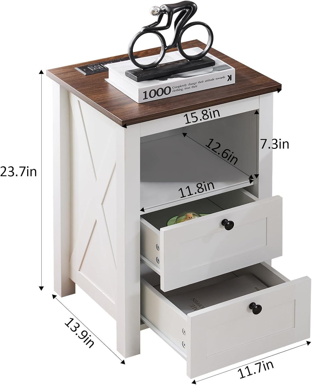 TrustKare Farmhouse Nightstand, White Nightstand with Charging Station and LED Lighting, Wood End Table with 2 Drawers, Smart Farmhouse Design Bedside Table for Bedroom Living Room TrustKare