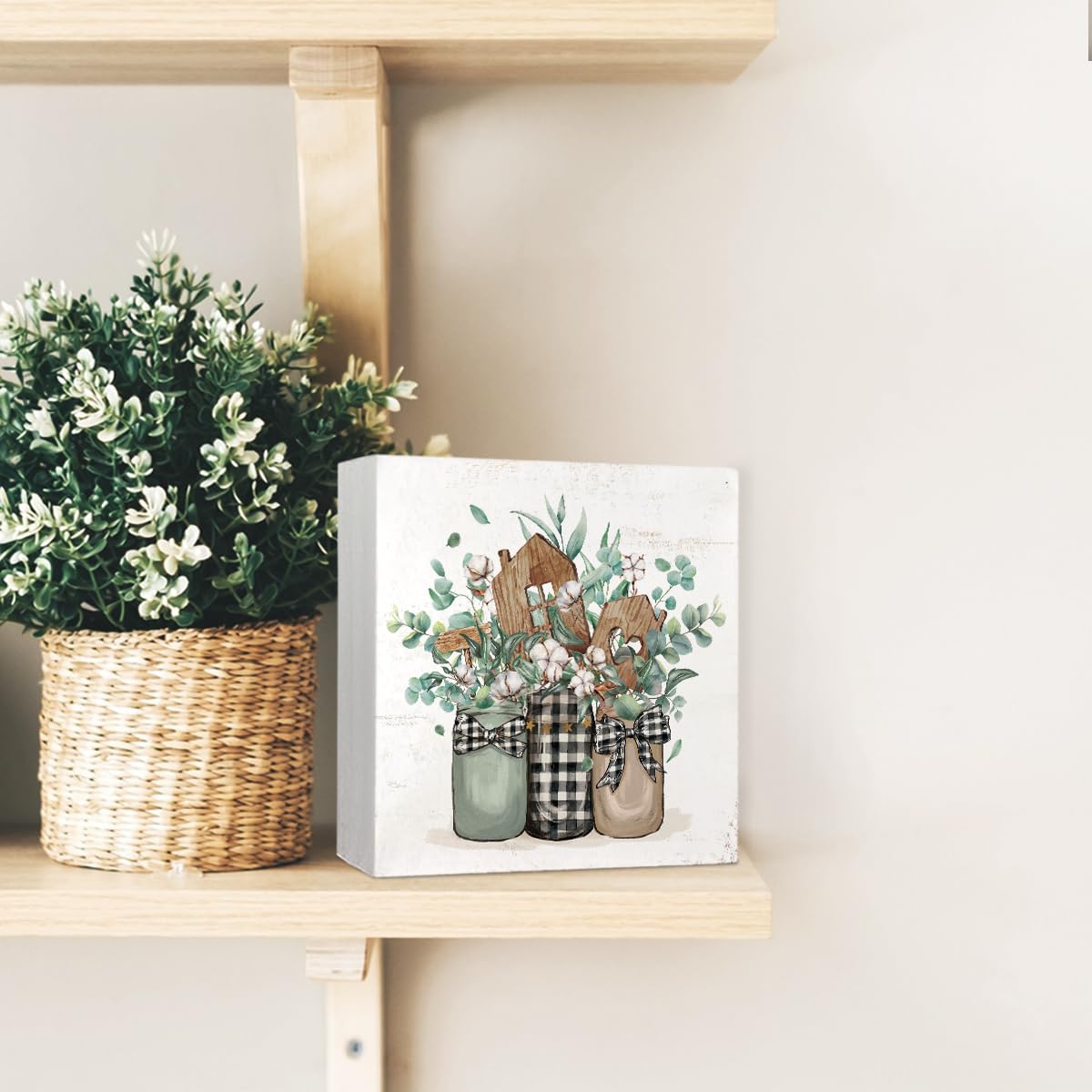 Yetmadi Spring Eucalyptus Leaves Sign Wood Box Desk Decor,Eucalyptus Decor,Sage Green Eucalyptus Leaves Wooden Block Box Sign Decoration for Farmhouse Shelf Table Decor,5x5 Inch Yetmadi