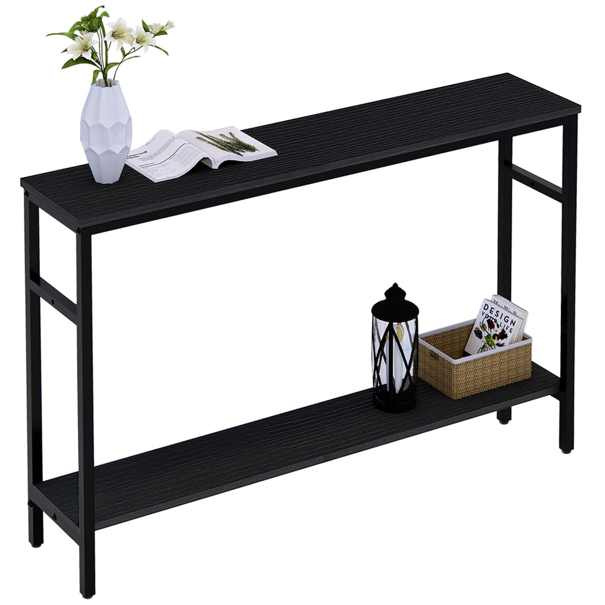 Timberer Narrow Console Table, 47 Inch Sofa Table with Adjustable Shelf, 2-Tier Long Skinny Table for Hallway, Entryway, Living Room, Foyer, Black Timberer