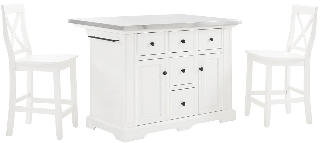 Crosley Furniture Julia Stainless Steel Top Island with Storage, Coffee Bar, and a Set of 2 X-Back Stools, White Crosley Furniture