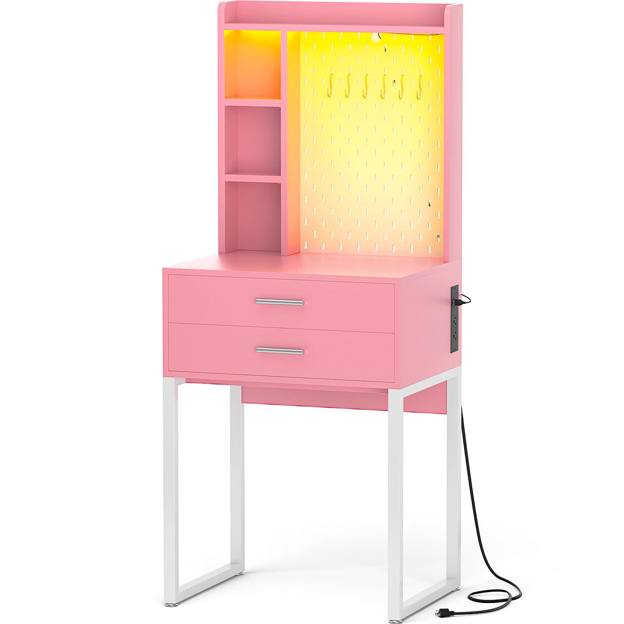 Besiost Small Vanity Desk with Hutch and Drawers, Pink Makeup Vanity Desk with Charging Station, Vanity Table Dressing Table with LED Lights, Vanity Desk No Mirror with Pegboard for Girls Women, 24" Besiost