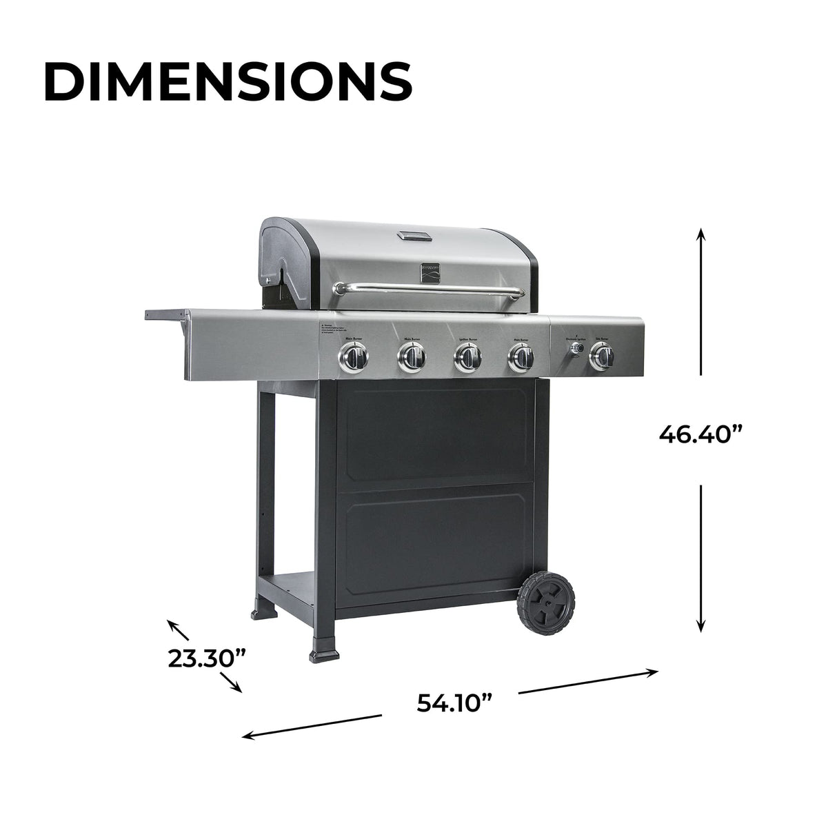 Kenmore 4-Burner BBQ Gas Grill with Side Burner, 53,000 BTUs, Cast Iron Grates, Electronic Ignition, Warming Rack, Open Cart Design, All-Terrain Wheels, Stainless Steel/Black Kenmore
