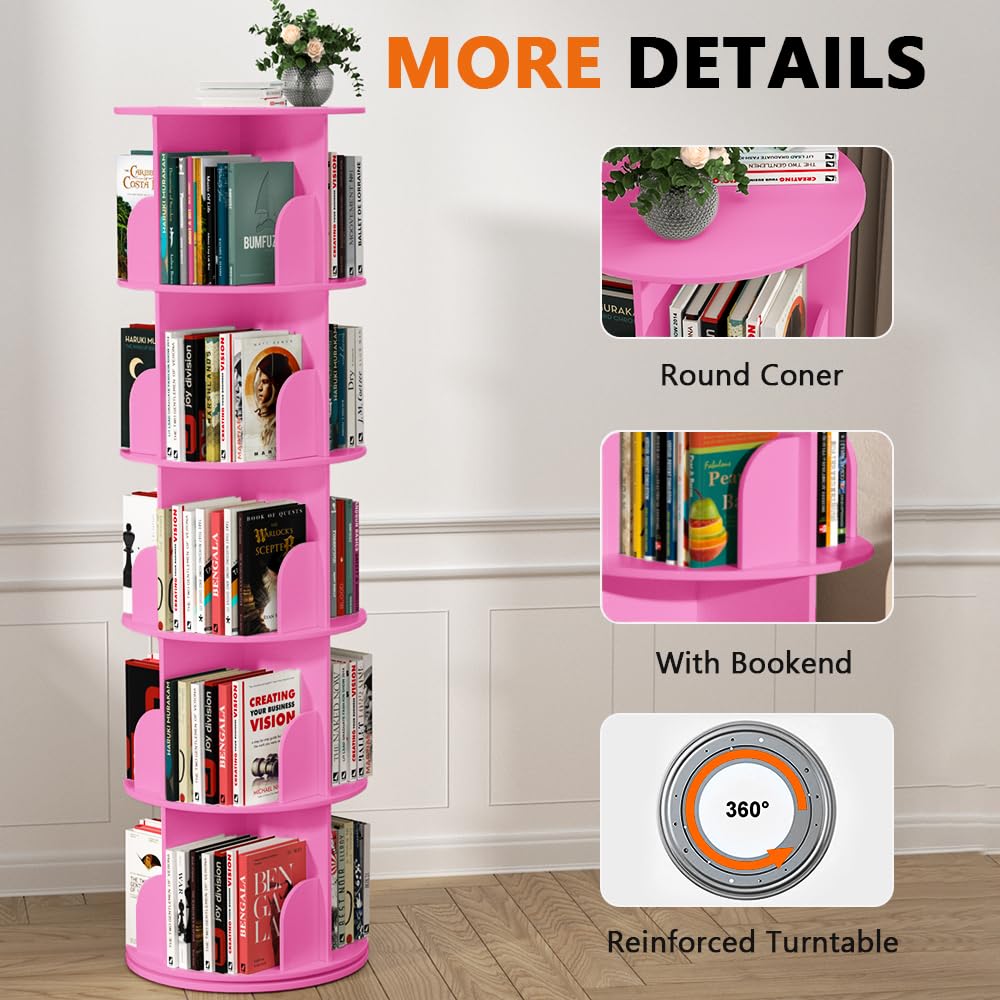 Nidouillet Rotating Bookshelf Tower, 5 Tier Spinning Bookcase Lazy Susan, Revolving 360 Book Shelf Storage Round Organizer, Vertical Rotate Turning Corner Book Case for Small Space, Pink Nidouillet
