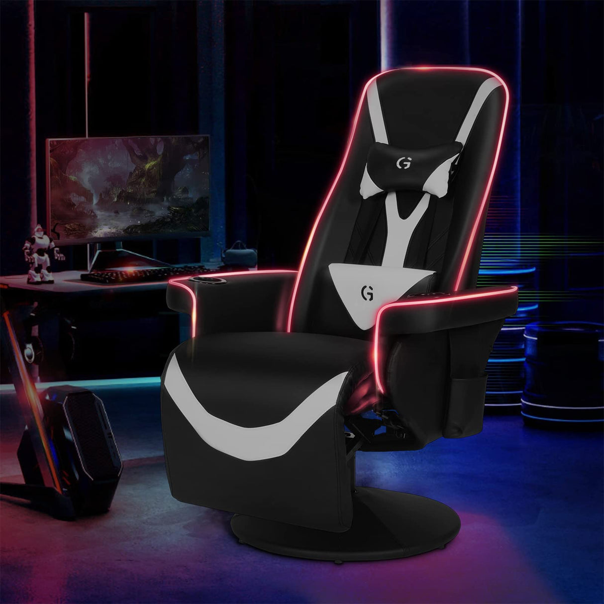 Modern-Depo Queen Throne Racing Gaming Chair, Comfortable Ergonomic Recliner, High Back Swivel Chair with RGB Lights, Footrest, Backrest, Massage Lumbar Support, Headrest and Cupholders, Black White Modern-Depo