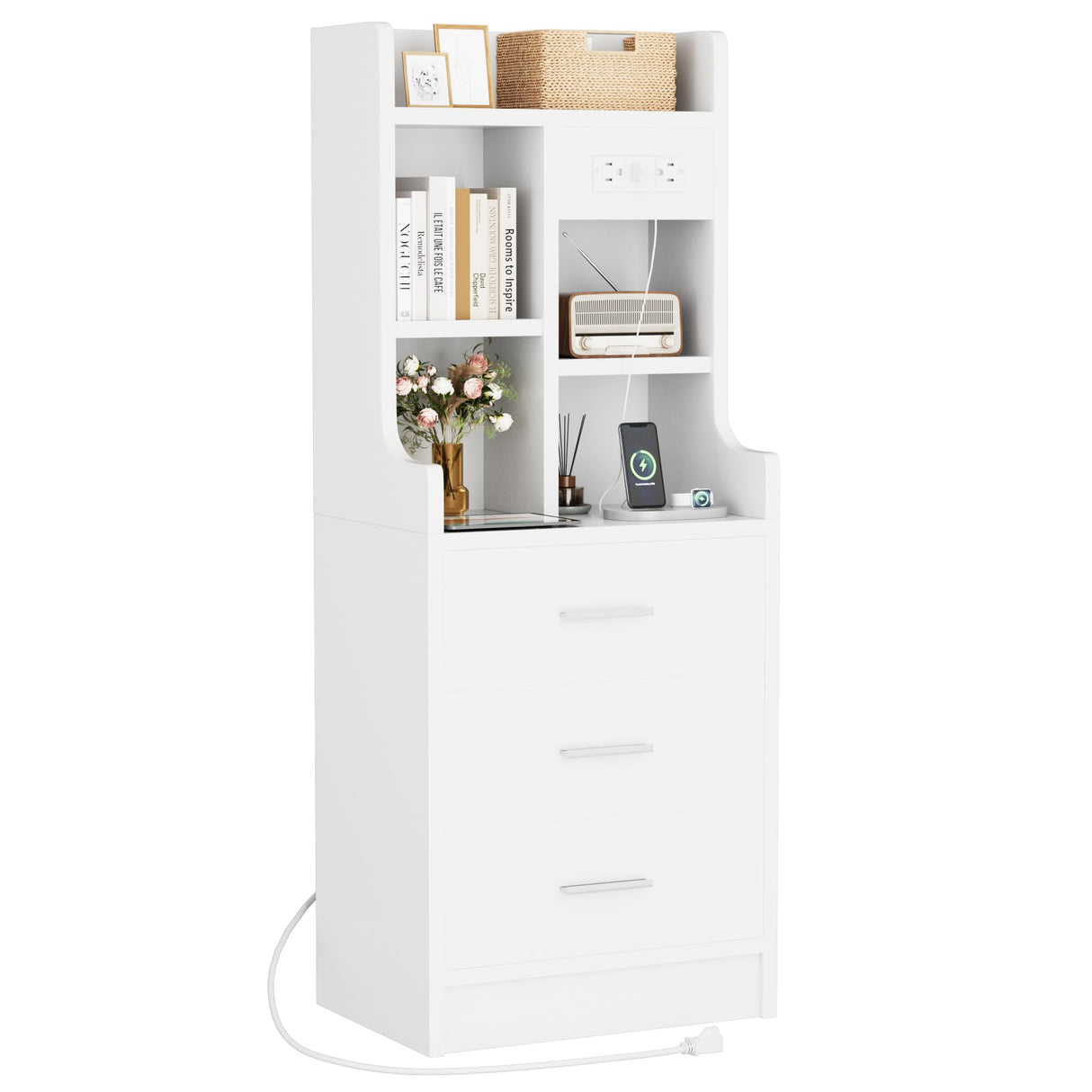 YESHOMY Tall Nightstand with Charging Station and USB Ports, Bedside Table with Open Bookshelf, Endtable with 3 Drawers, for Bedroom,Study, 48" Height, Pure White YESHOMY