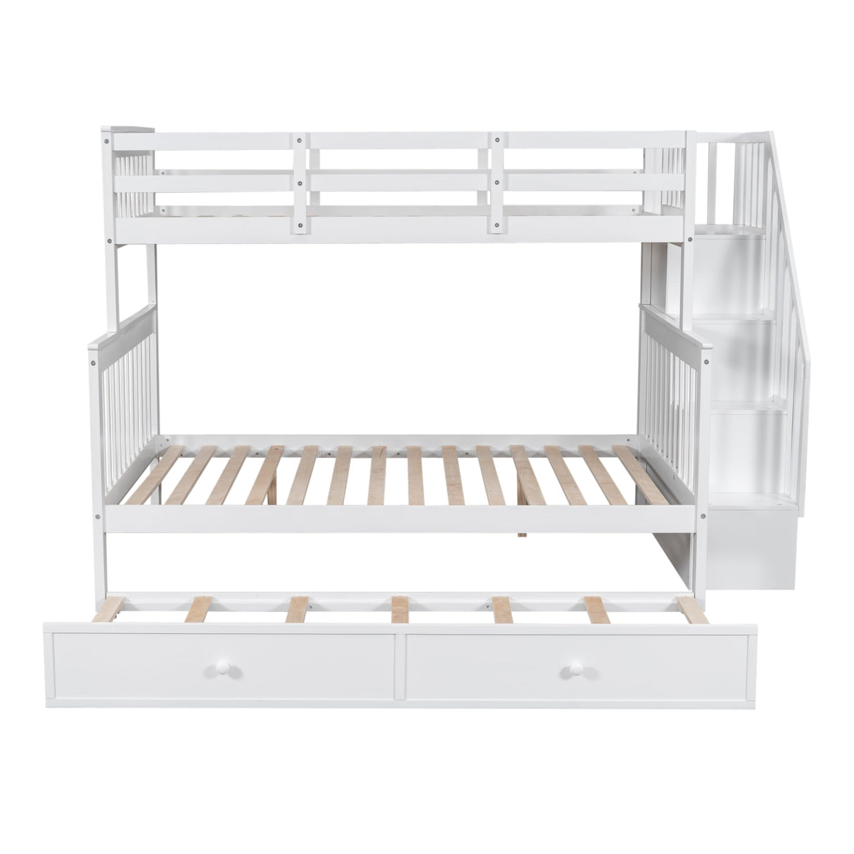 Stairway Twin Over Full Bunk Bed with Trundle and Storage Shelves in White by Harper & Bright Designs Harper & Bright Designs