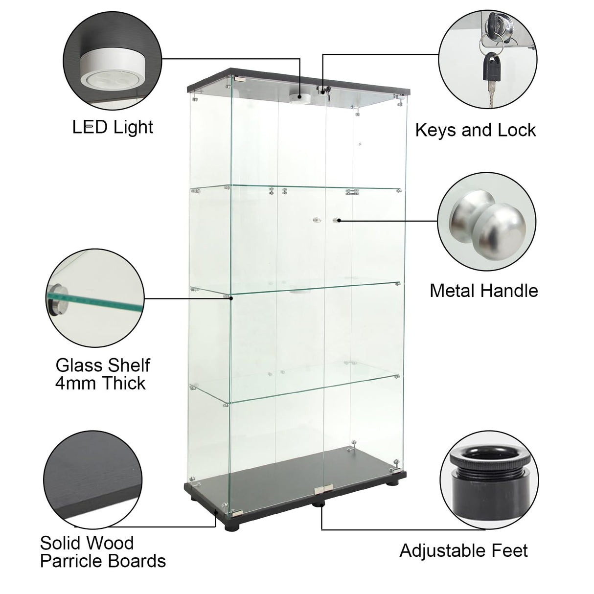 Yoluckea Glass Cabinet with LED Light, 4 Shelves Glass Display Cabinet w/2 Doors,Floor Standing Clear Glass Curio Cabinet Collection Display Cabinet for Living Room Bedroom 64.7” x 31.7” x 14.3” Black Yoluckea