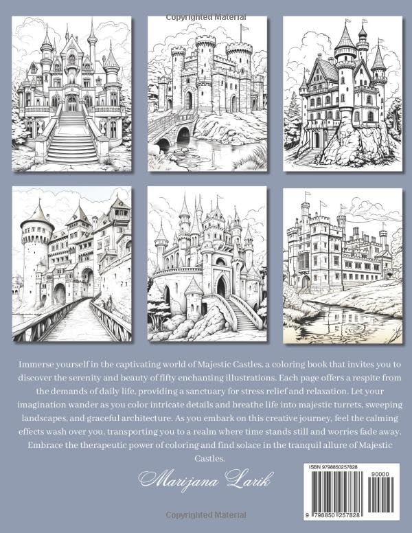Majestic Castles Coloring Book: 50 Greyscale Coloring Pages | Relaxation and Stress Relief for Adults Majosta