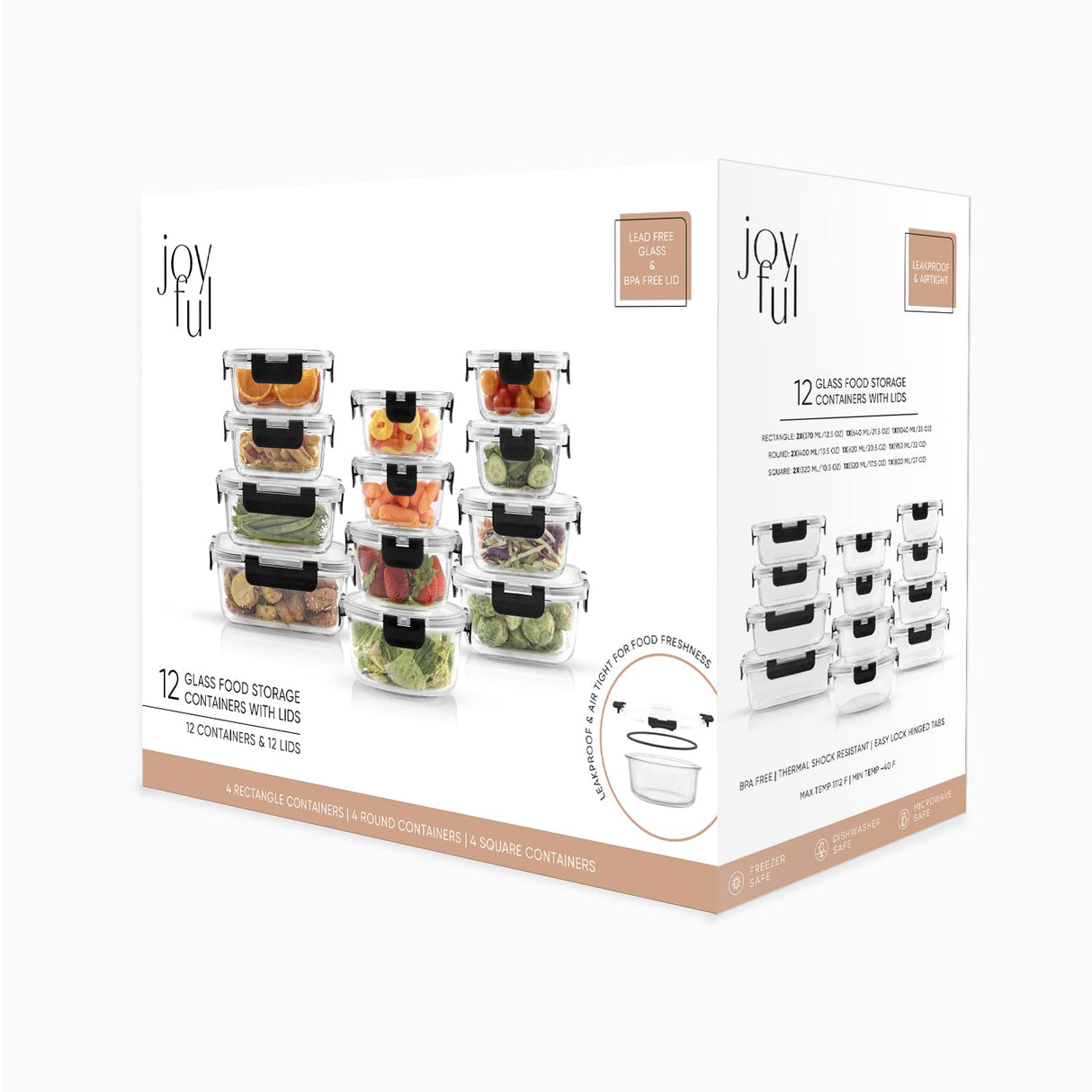 JoyJolt JoyFul 24pc(12 Airtight, Freezer Safe Food Storage Containers and 12 Lids), Pantry Kitchen Storage Containers, Glass Meal Prep Container for Lunch, Glass Storage Containers with Lids JoyJolt